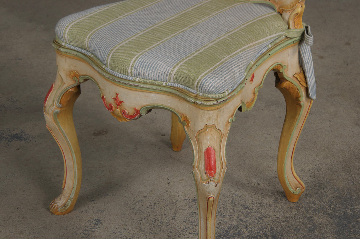 Early 19th Century French Louis XV Style Painted Cane Back Dining Chairs W/ Striped Linen - Set of 6