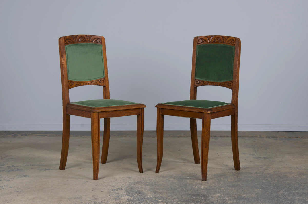 1930s French Art Deco Oak Dining Chairs W/ Green Velvet - Set of 8