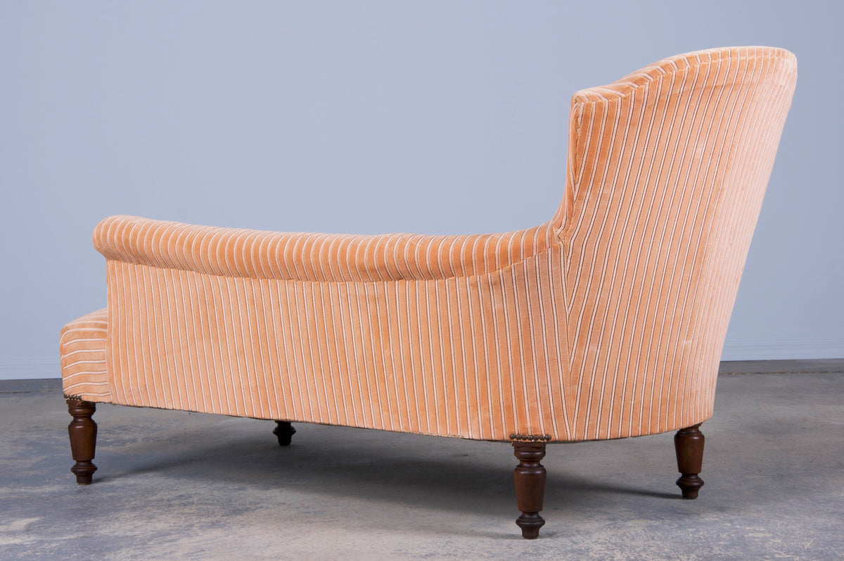 Antique French Napoleon III Style Walnut Chaise Lounge W/ Striped Apricot Velvet