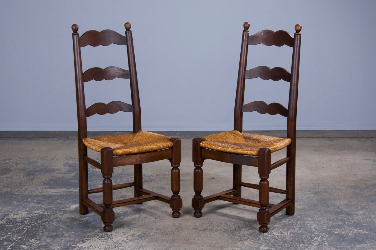 Antique Country French Style Maple Ladder Back Farmhouse Dining Chairs W/ Rush Seats - set of 12