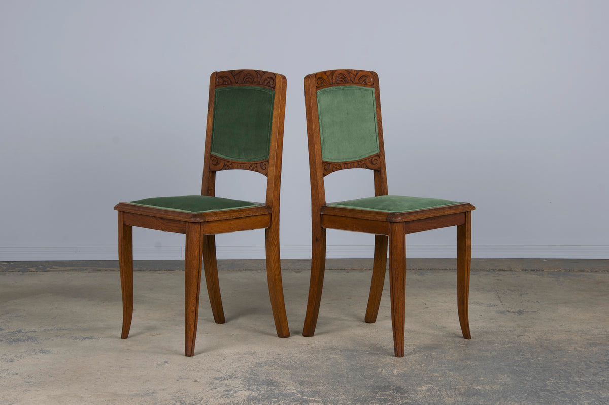 1930s French Art Deco Oak Dining Chairs W/ Green Velvet - Set of 8