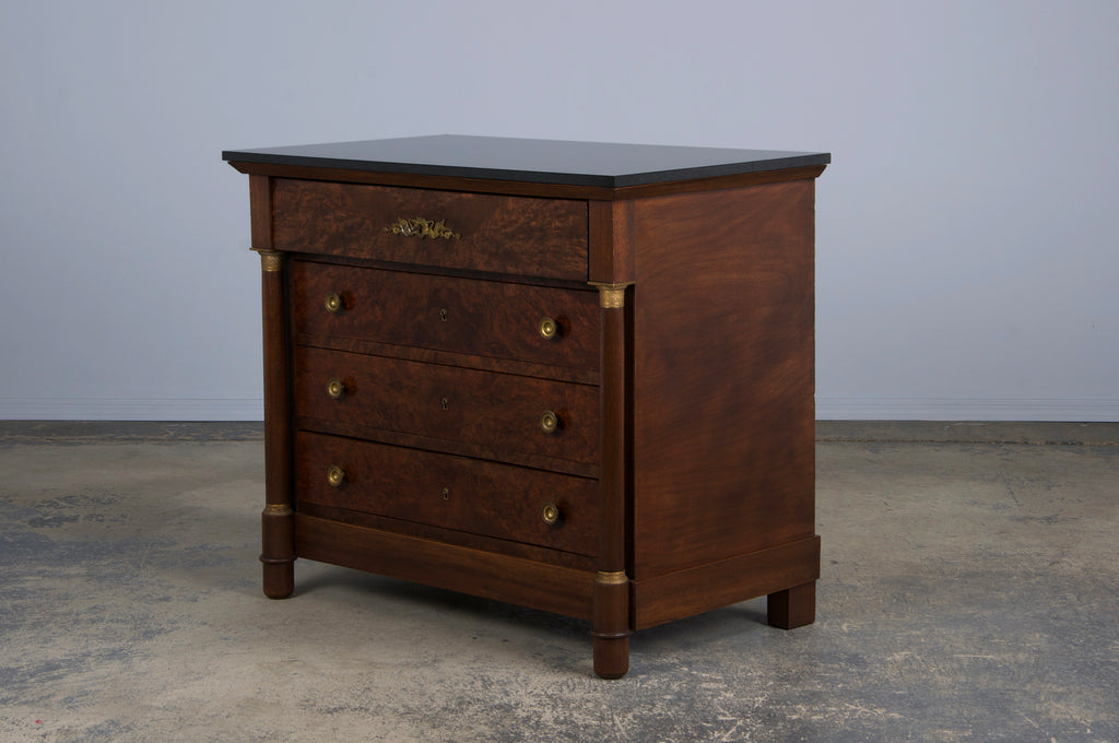 Antique French Empire Walnut Chest of Drawers W/ Black Marble Top