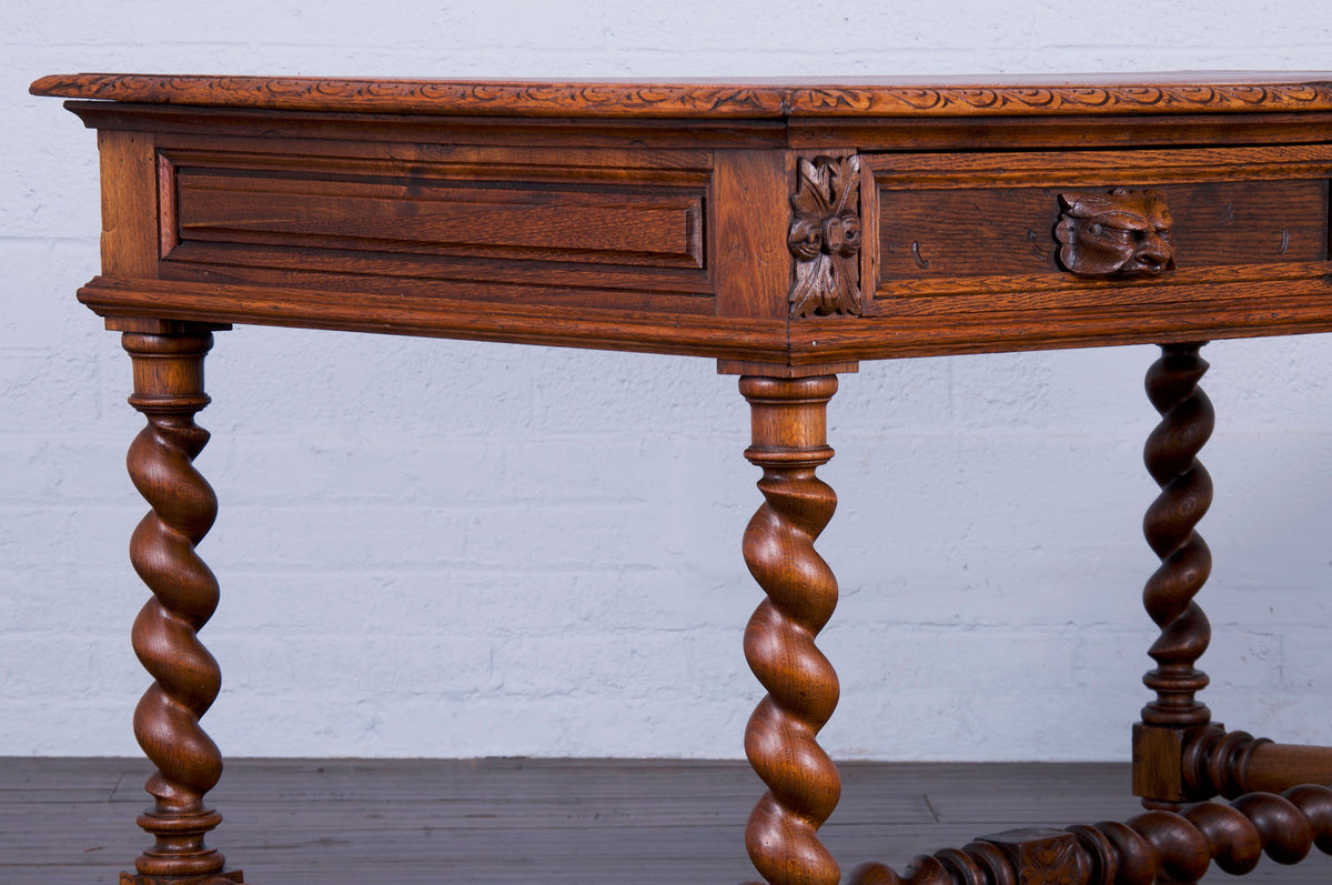 19th Century French Henry II Style Barley Twist Oak Writing Desk W/ Burgundy Leather Top