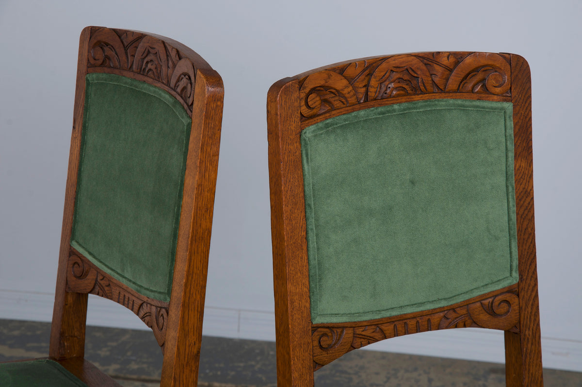 1930s French Art Deco Oak Dining Chairs W/ Green Velvet - Set of 8