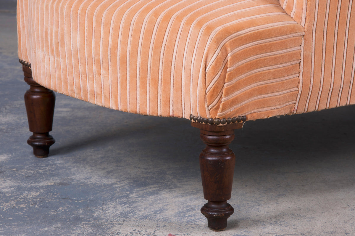 Antique French Napoleon III Style Walnut Chaise Lounge W/ Striped Apricot Velvet