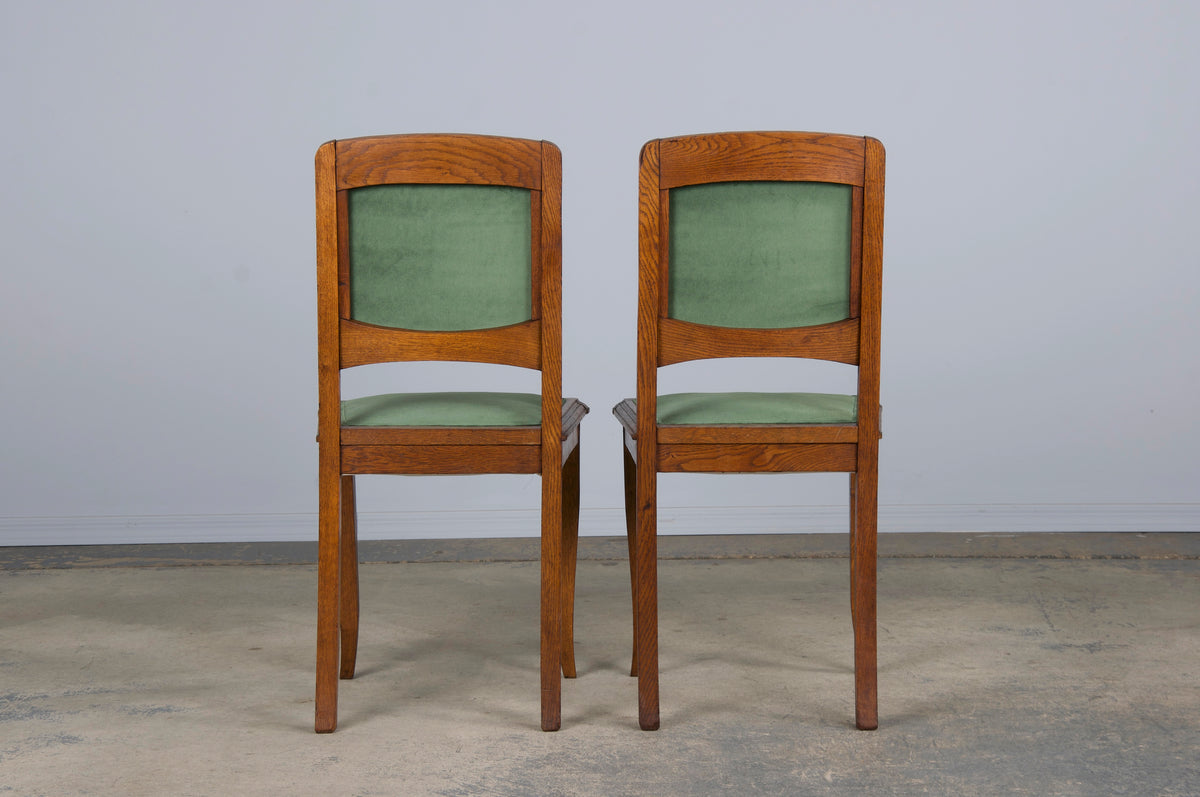 1930s French Art Deco Oak Dining Chairs W/ Green Velvet - Set of 8