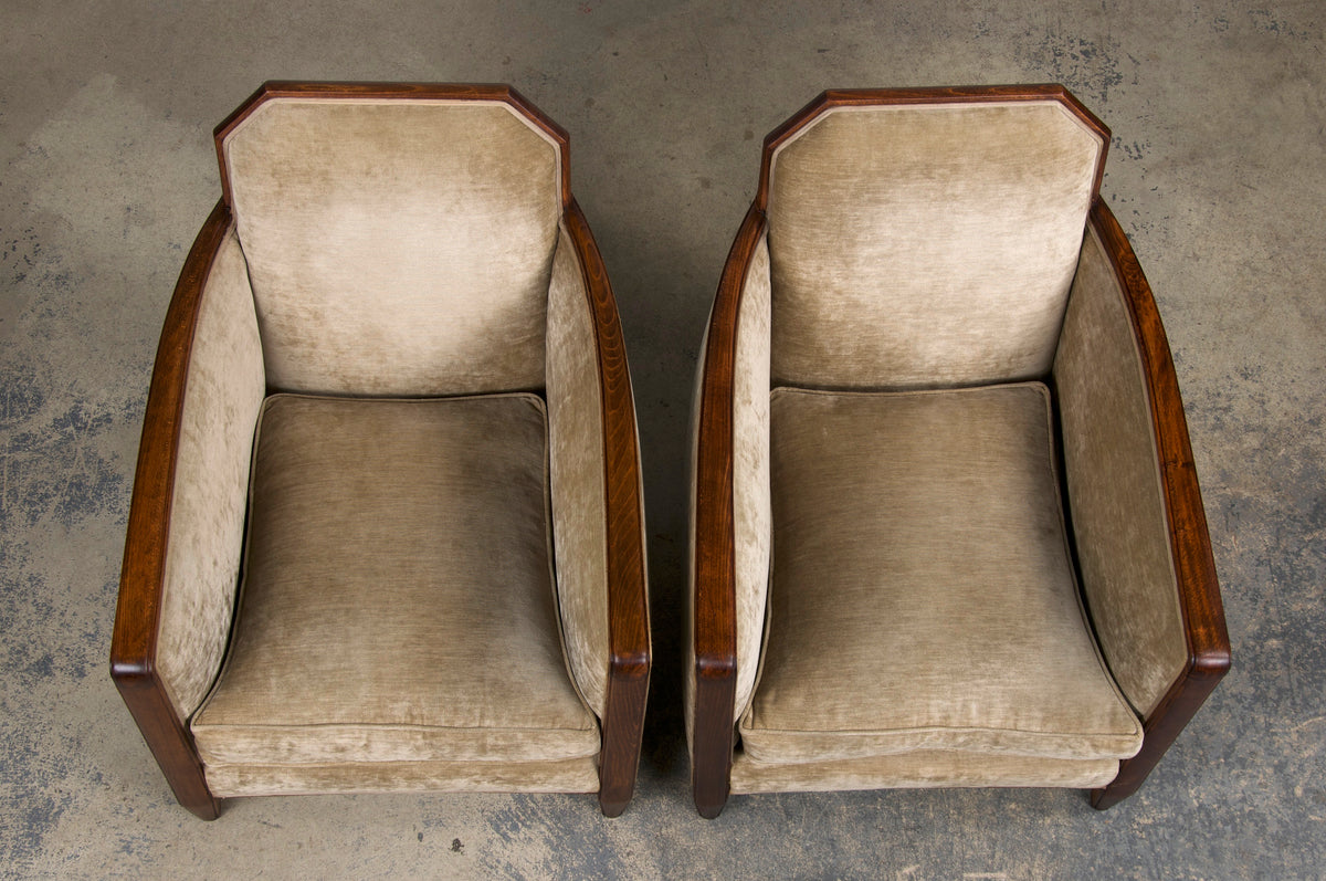 1930s French Art Deco Maple Club Chairs and Loveseat W/ Beige Velvet - Set of 3