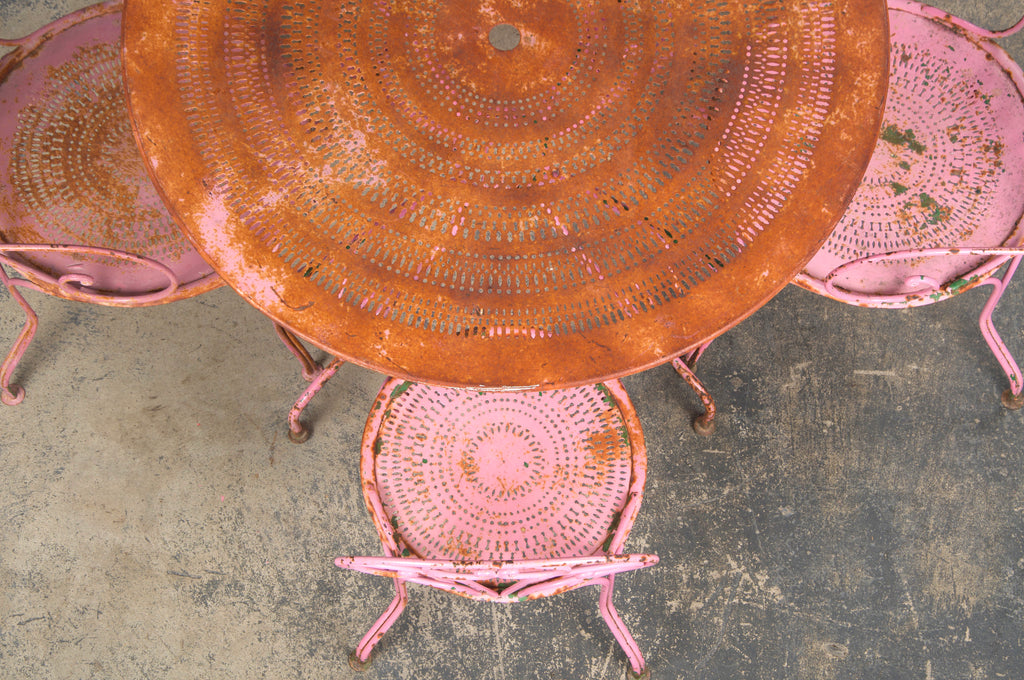 Antique French Art Nouveau Pink Wrought Iron Painted Garden Set