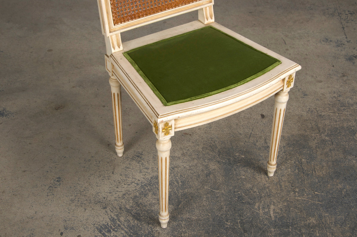 Antique French Louis XVI Style Painted Square Cane Back Dining Chairs W/ Green Velvet - Set of 6