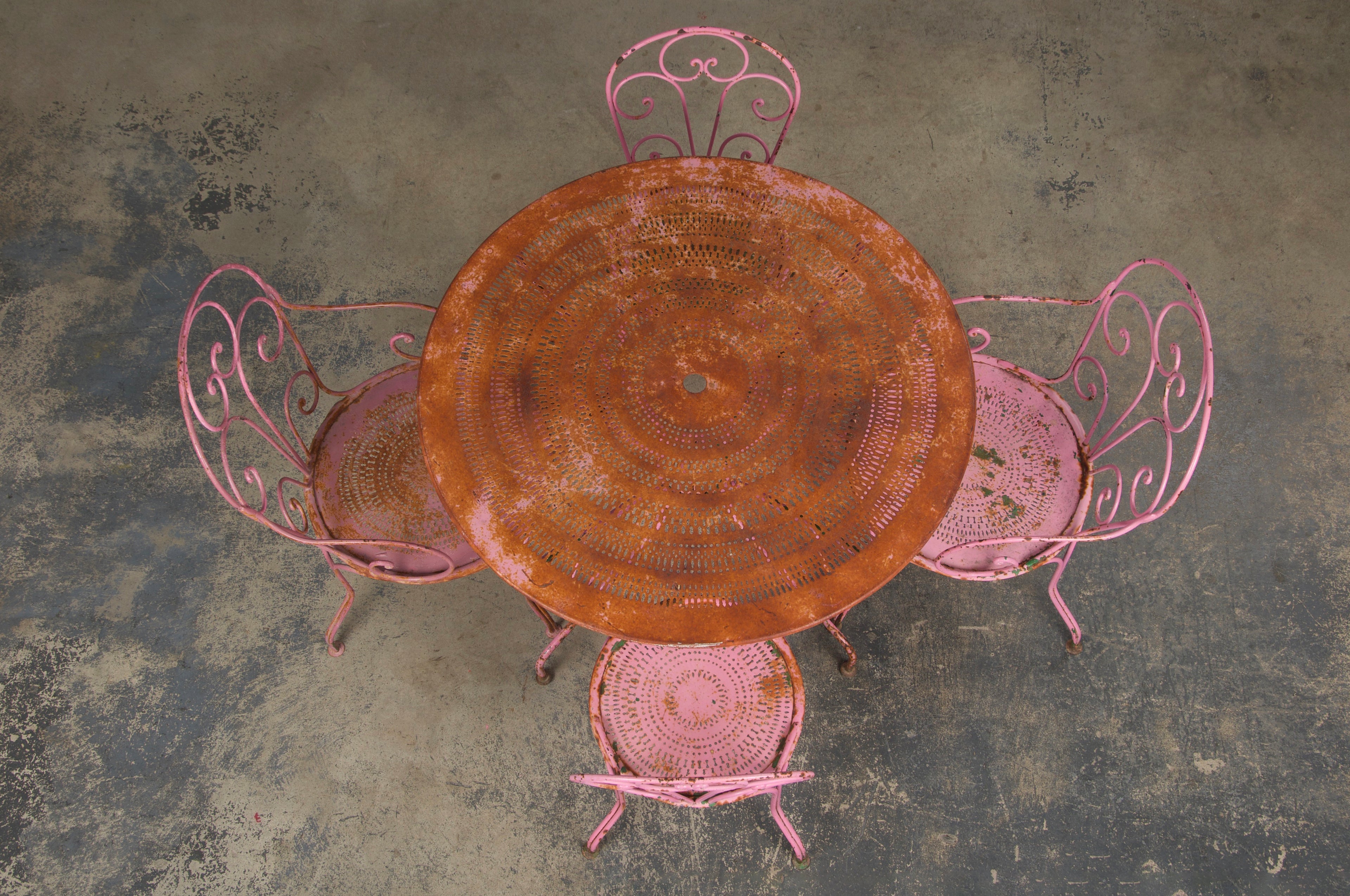 Antique French Art Nouveau Pink Wrought Iron Painted Garden Set
