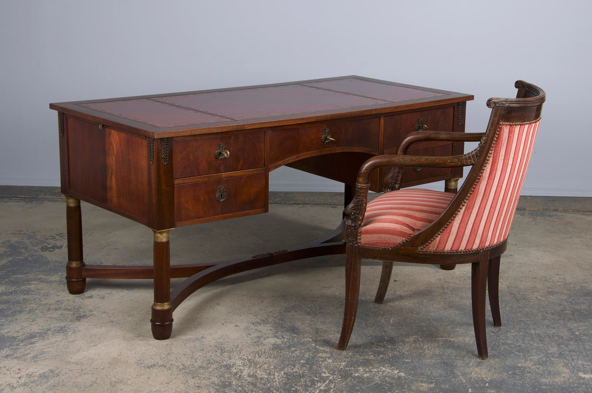 French Empire Style Mahogany Writing Desk W/ Red Leather Top