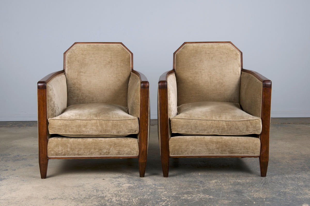 1930s French Art Deco Maple Club Chairs and Loveseat W/ Beige Velvet - Set of 3