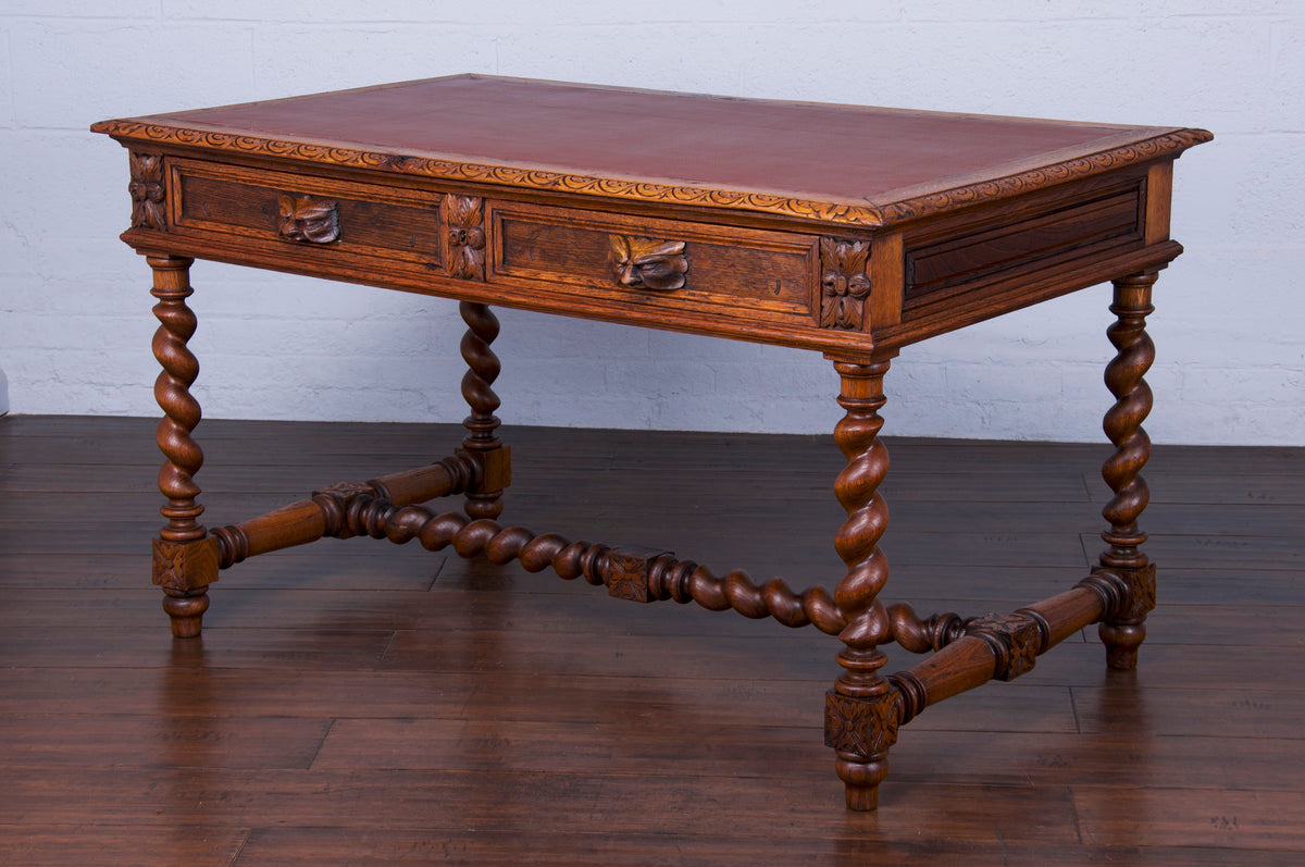 19th Century French Henry II Style Barley Twist Oak Writing Desk W/ Burgundy Leather Top