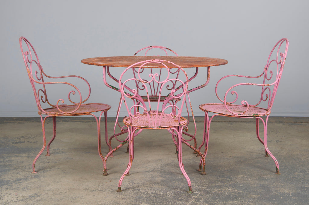 Antique French Art Nouveau Pink Wrought Iron Painted Garden Set