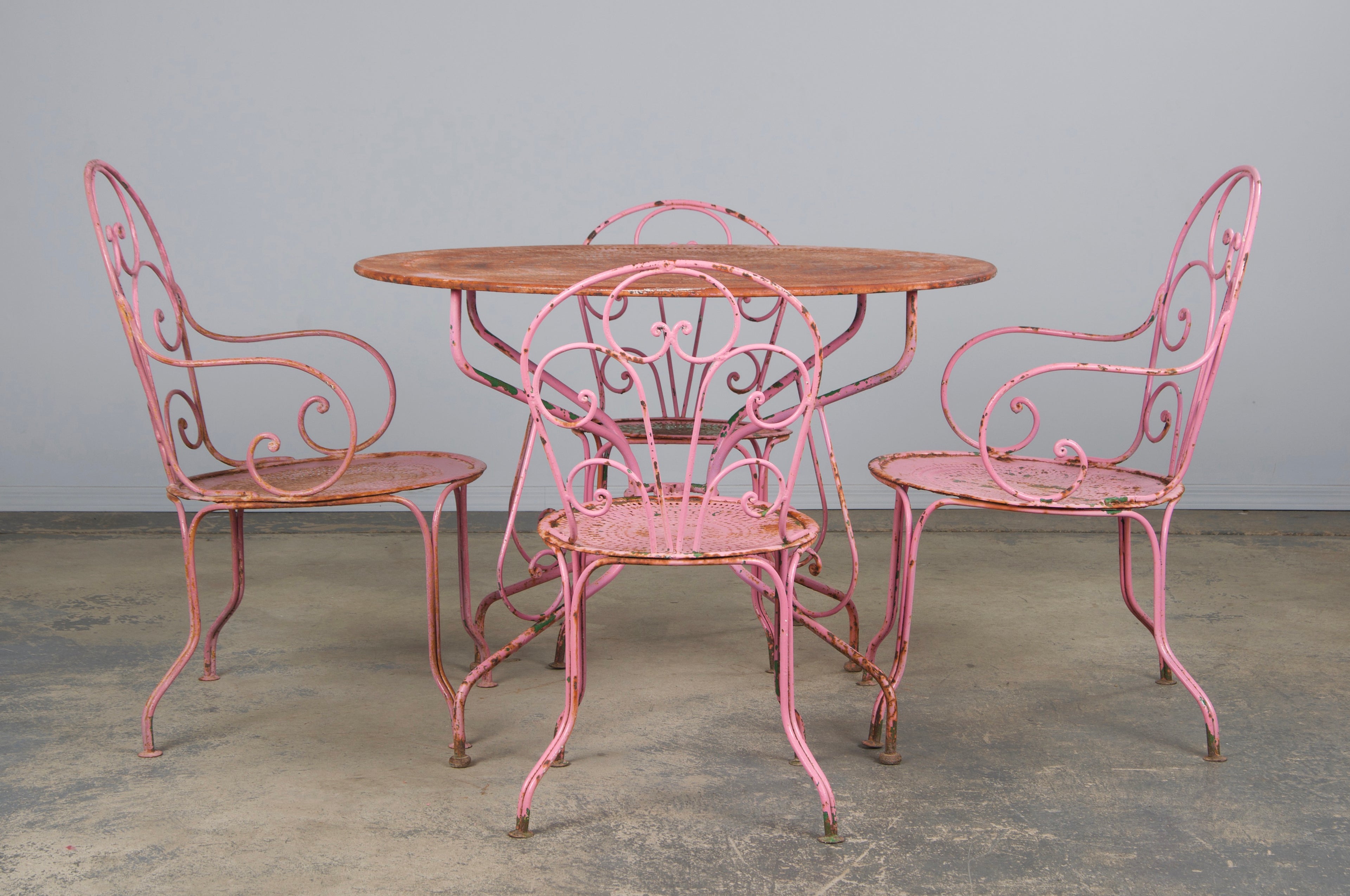 Antique French Art Nouveau Pink Wrought Iron Painted Garden Set