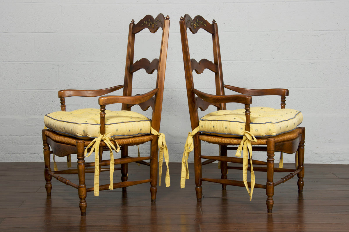 Country French Provincial Maple Rush Wingback Armchairs W/ Ottomans - A Pair
