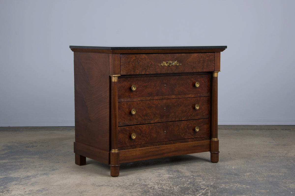 Antique French Empire Walnut Chest of Drawers W/ Black Marble Top