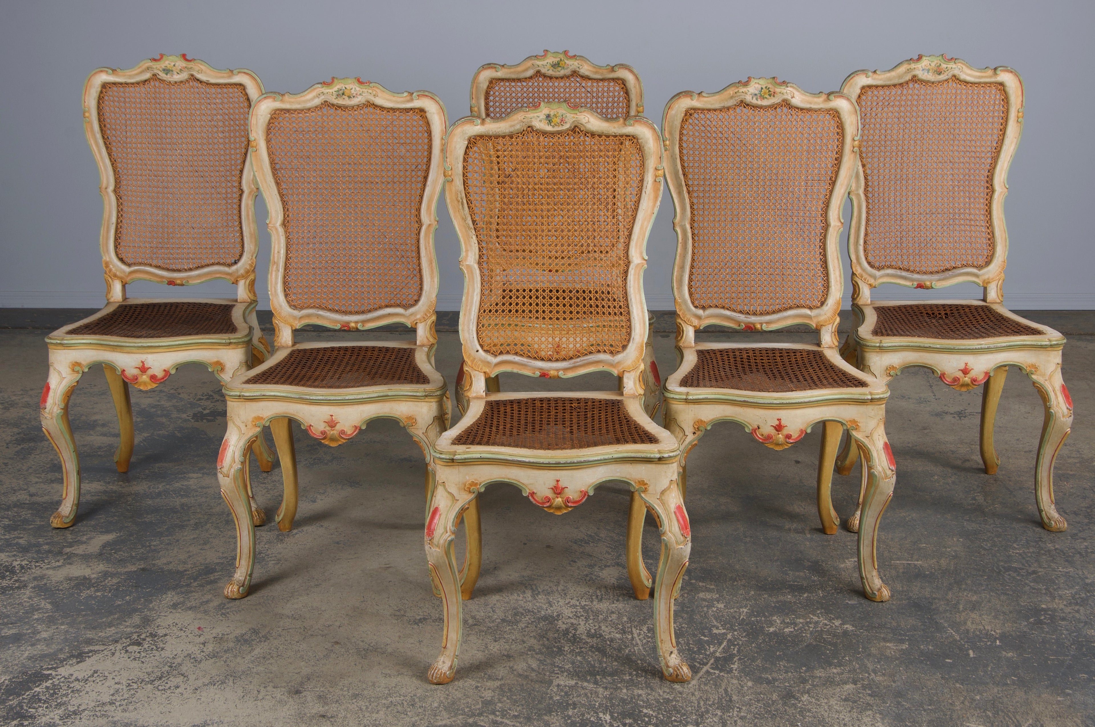 Early 19th Century French Louis XV Style Painted Cane Back Dining Chairs W/ Striped Linen - Set of 6