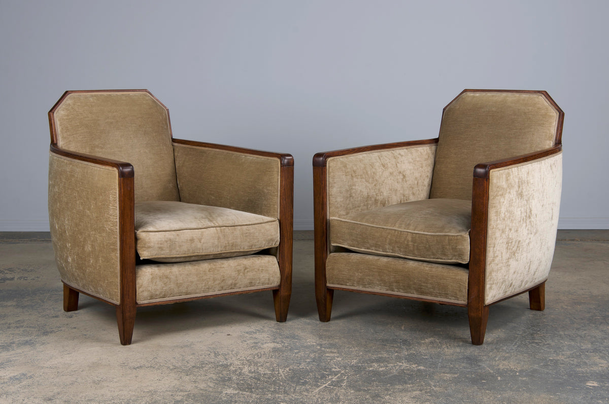 1930s French Art Deco Maple Club Chairs and Loveseat W/ Beige Velvet - Set of 3