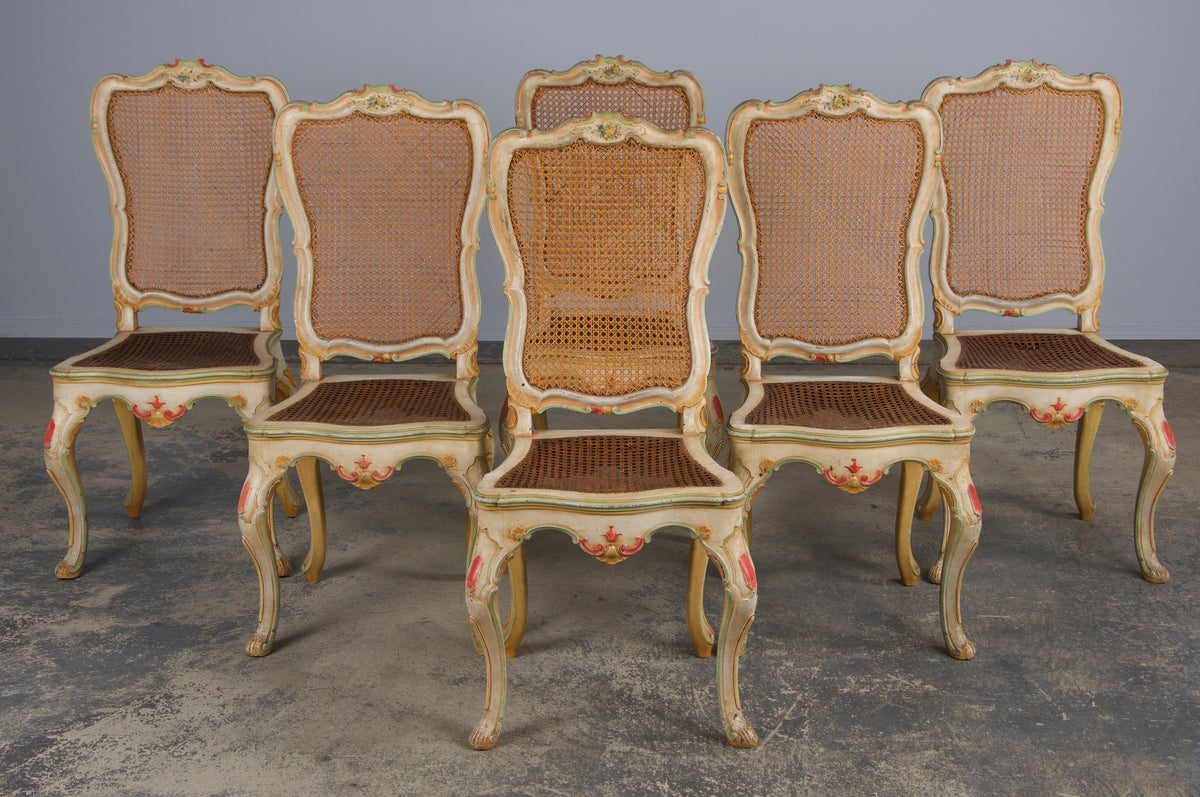 Early 19th Century French Louis XV Style Painted Cane Back Dining Chairs W/ Striped Linen - Set of 6