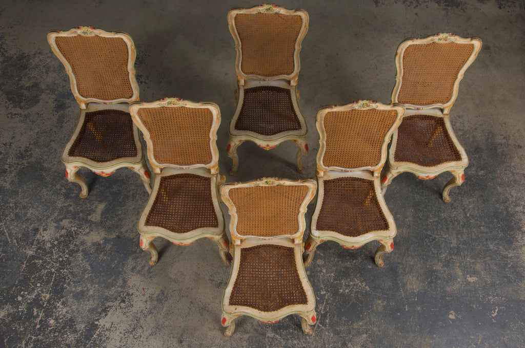 Early 19th Century French Louis XV Style Painted Cane Back Dining Chairs W/ Striped Linen - Set of 6