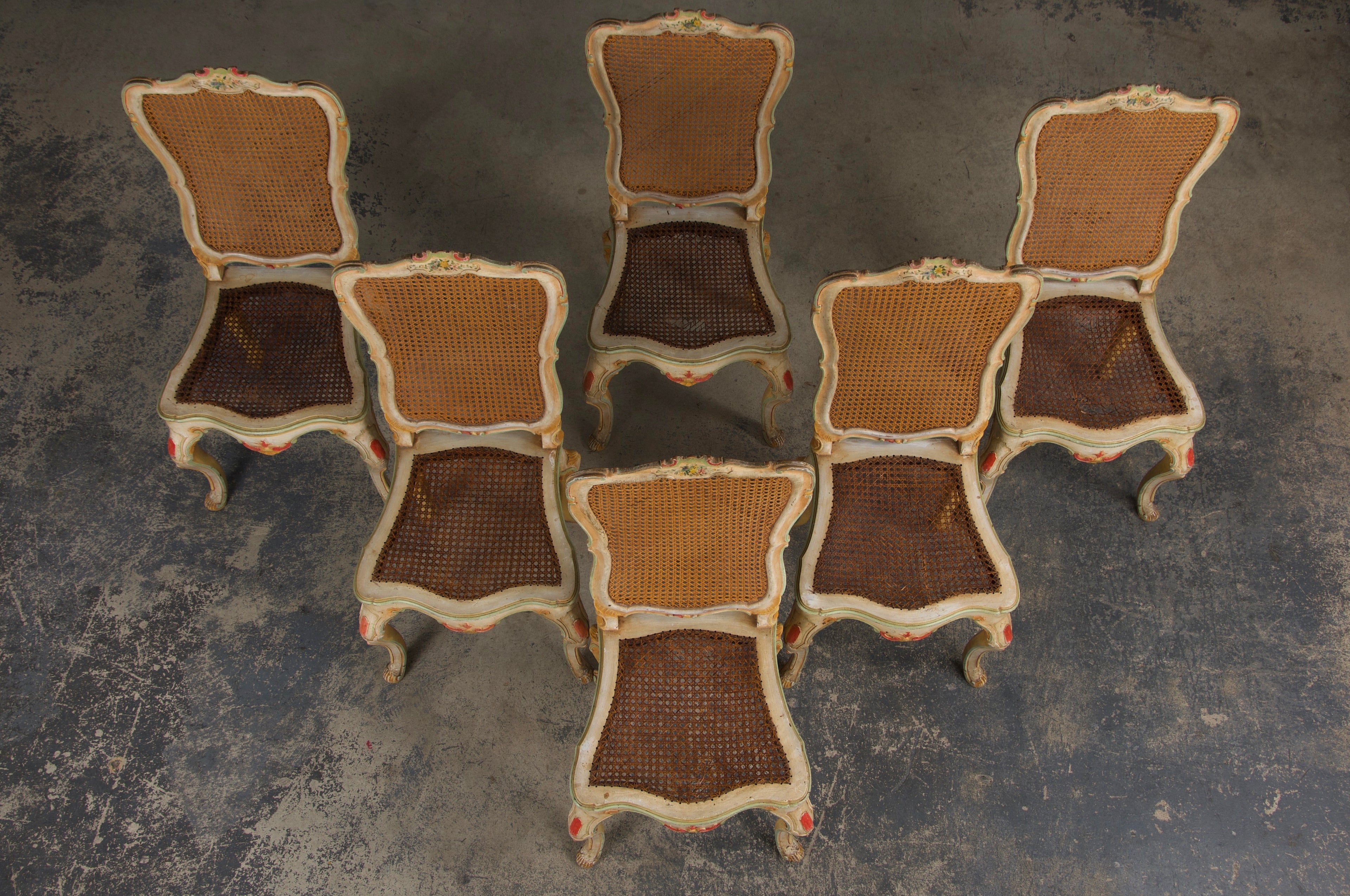 Early 19th Century French Louis XV Style Painted Cane Back Dining Chairs W/ Striped Linen - Set of 6