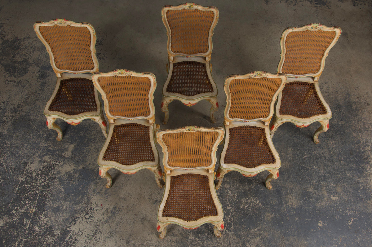 Early 19th Century French Louis XV Style Painted Cane Back Dining Chairs W/ Striped Linen - Set of 6