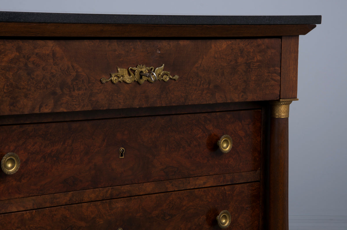 Antique French Empire Walnut Chest of Drawers W/ Black Marble Top