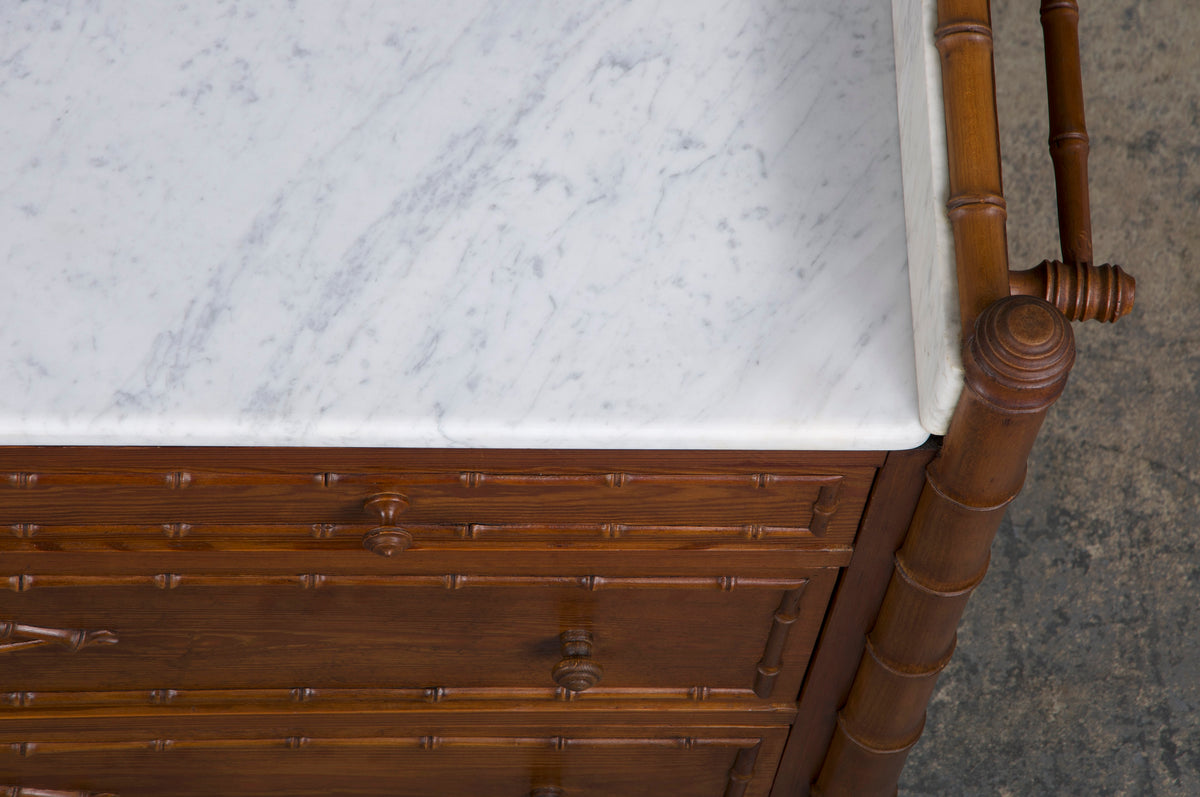 19th Century French Faux Bamboo Chest of Drawers W/ White Marble Top