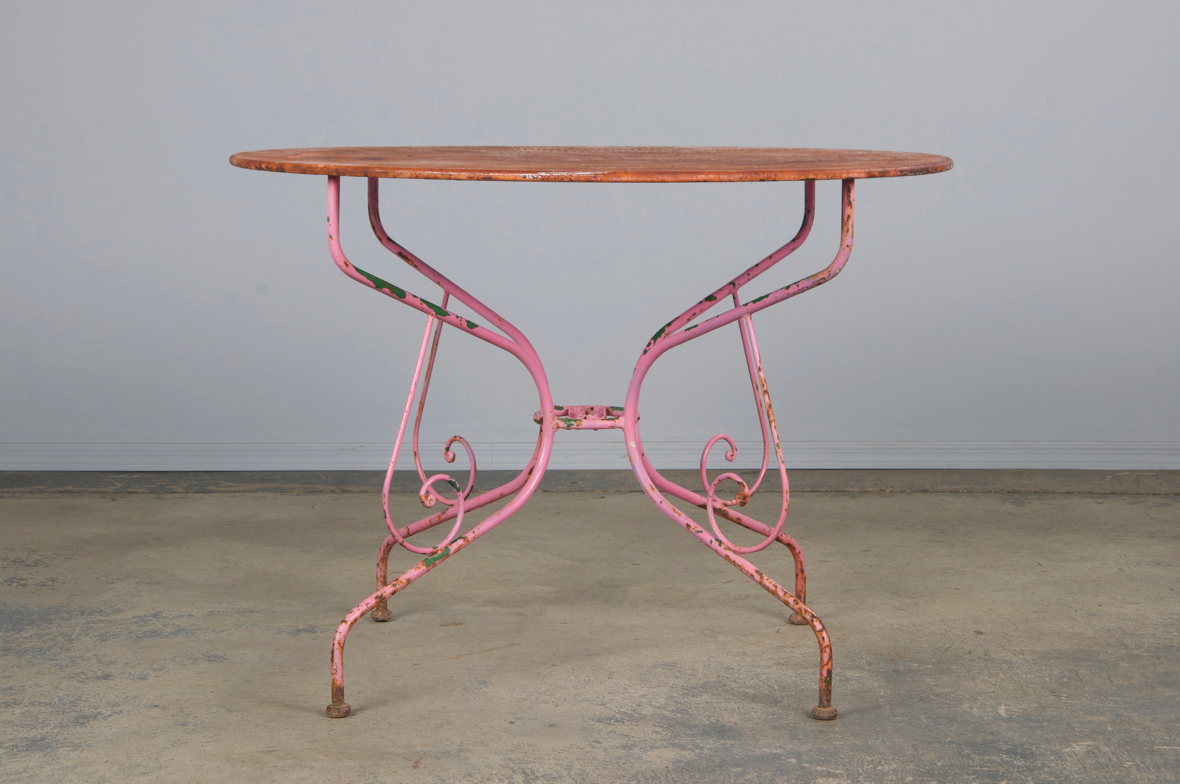 Antique French Art Nouveau Pink Wrought Iron Painted Garden Set