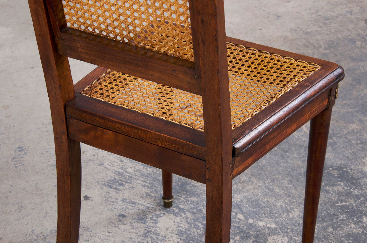 Antique French Louis XVI Style Walnut Inlay Cane Dining Chairs - Set of 6