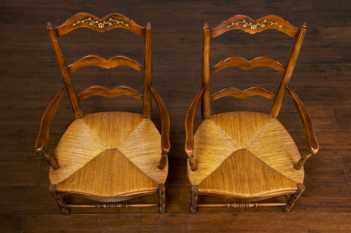 Country French Provincial Style Maple Rush Armchairs - A Pair