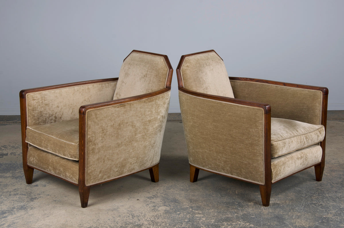 1930s French Art Deco Maple Club Chairs and Loveseat W/ Beige Velvet - Set of 3