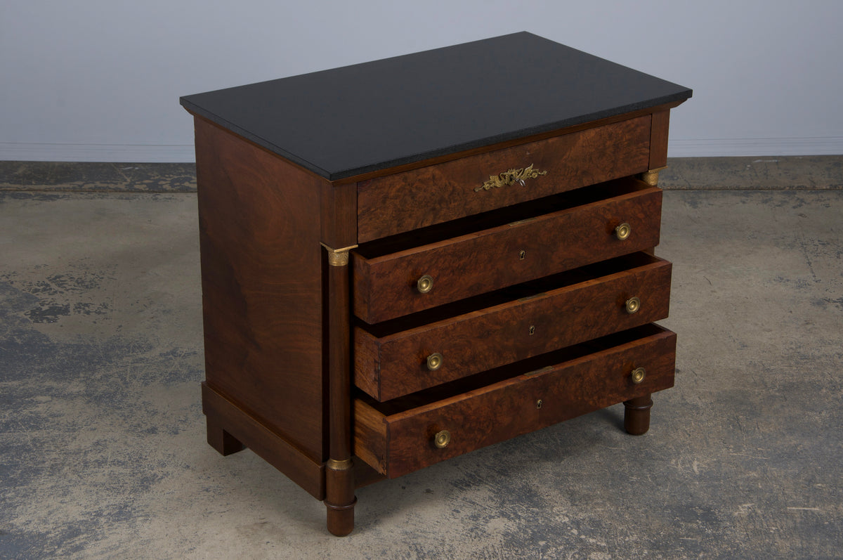 Antique French Empire Walnut Chest of Drawers W/ Black Marble Top