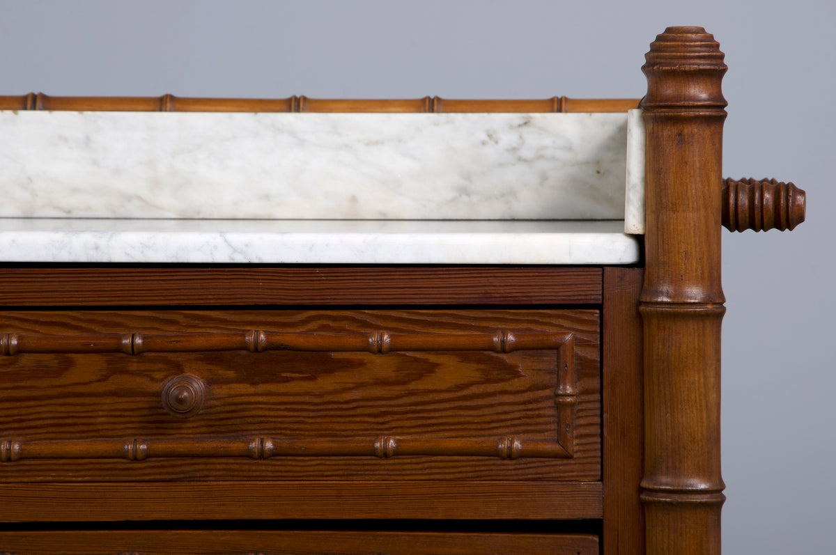 19th Century French Faux Bamboo Chest of Drawers W/ White Marble Top