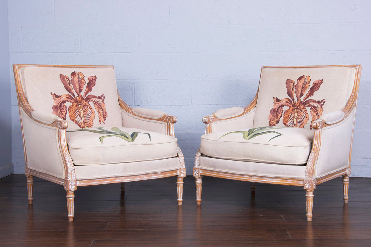 French Louis XVI Style Cerused Bergere Armchairs W/ Floral Fabric - A Pair