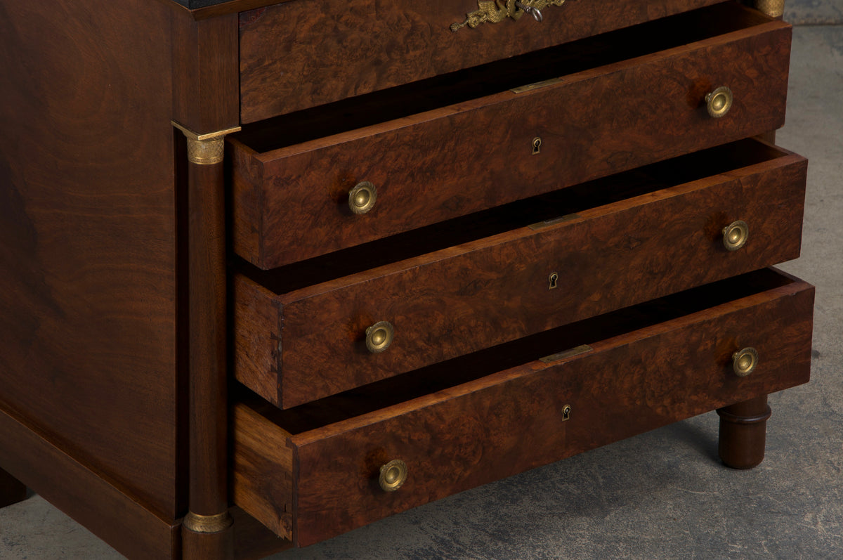 Antique French Empire Walnut Chest of Drawers W/ Black Marble Top