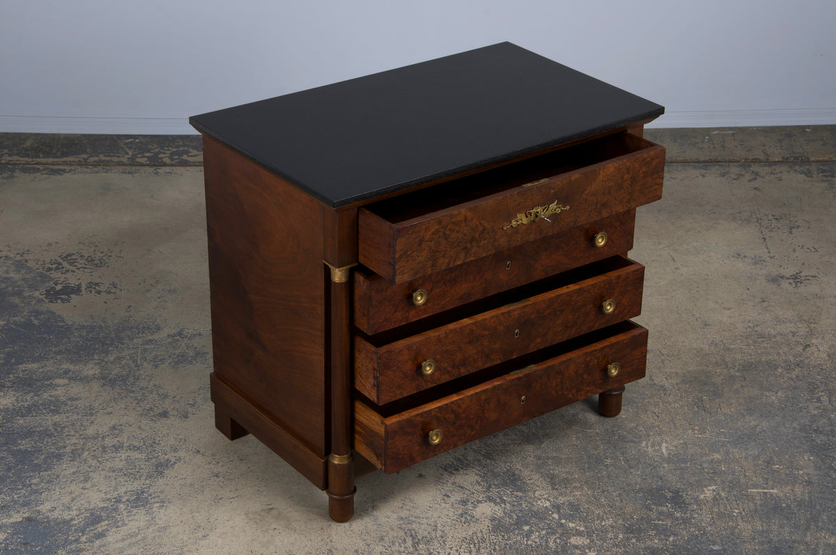 Antique French Empire Walnut Chest of Drawers W/ Black Marble Top