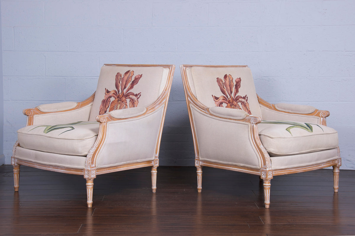 French Louis XVI Style Cerused Bergere Armchairs W/ Floral Fabric - A Pair