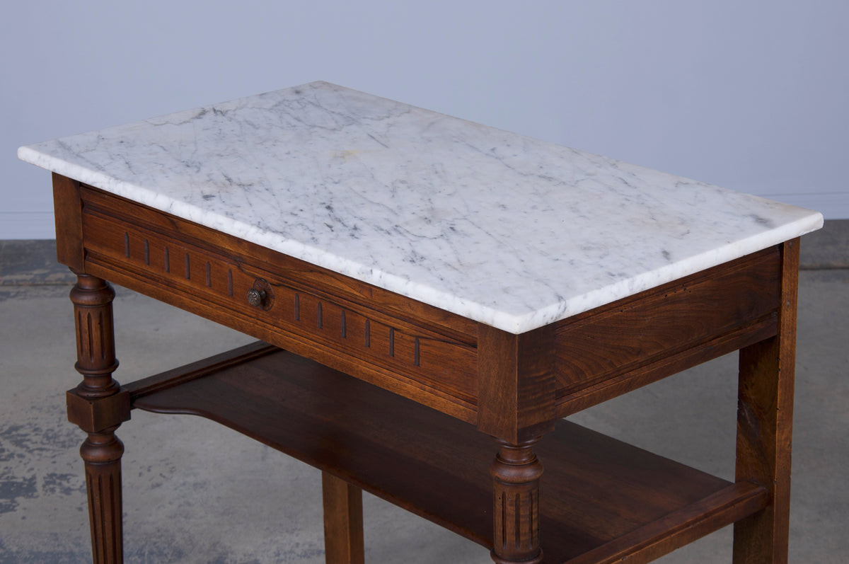 Antique French Louis XVI Provincial Style Walnut Wash Table or Vanity W/ White Marble Top