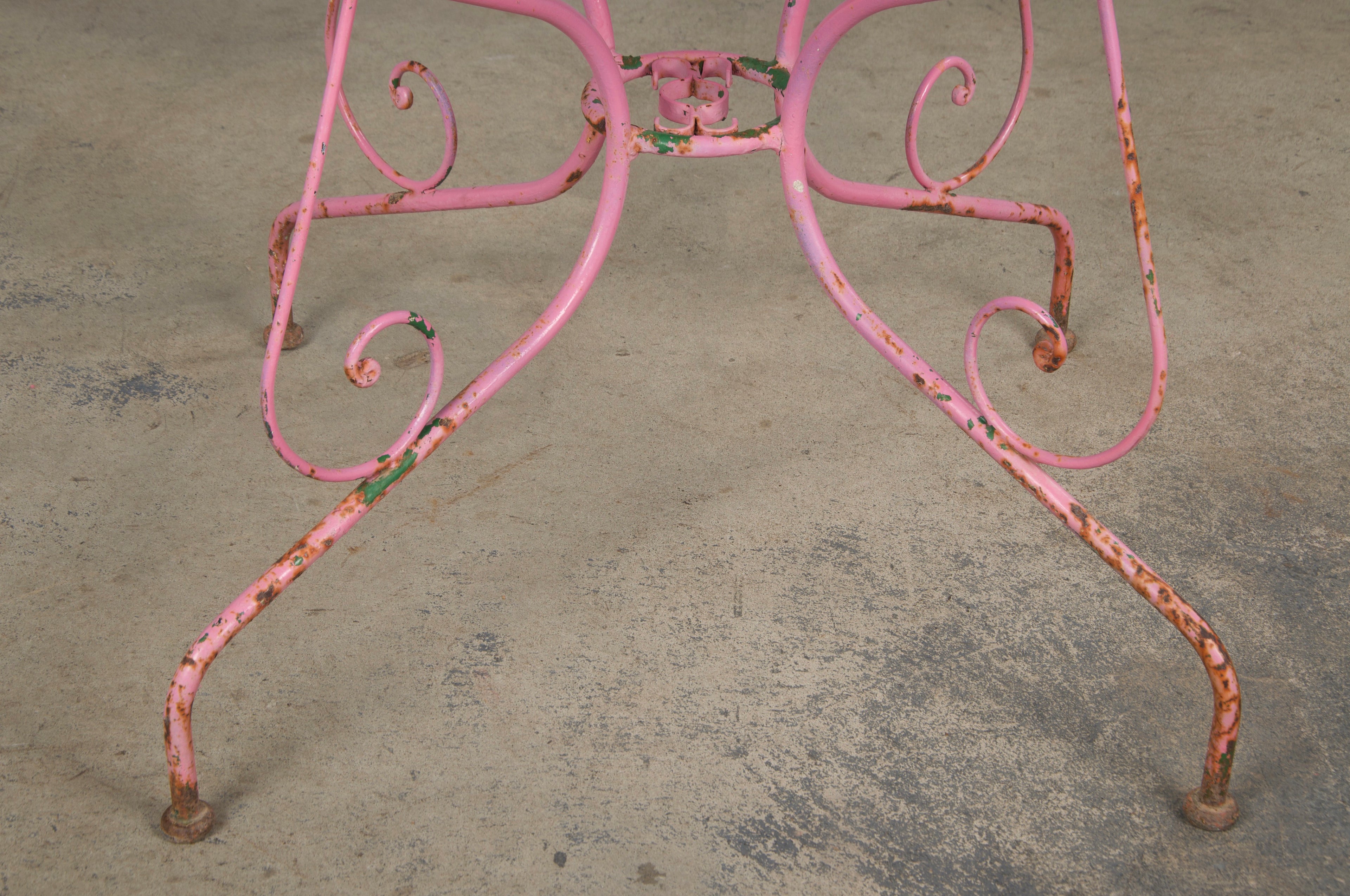 Antique French Art Nouveau Pink Wrought Iron Painted Garden Set