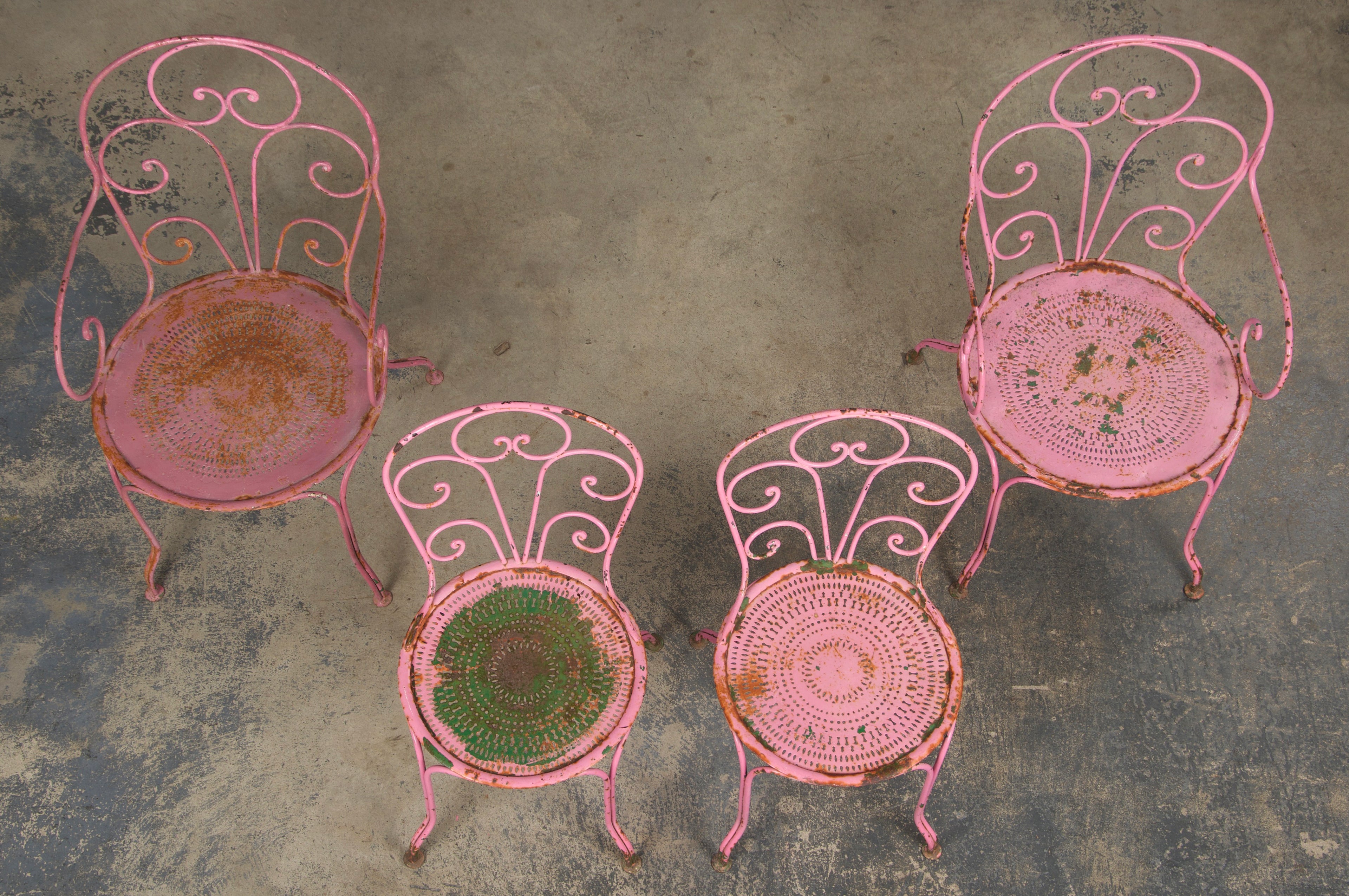 Antique French Art Nouveau Pink Wrought Iron Painted Garden Set