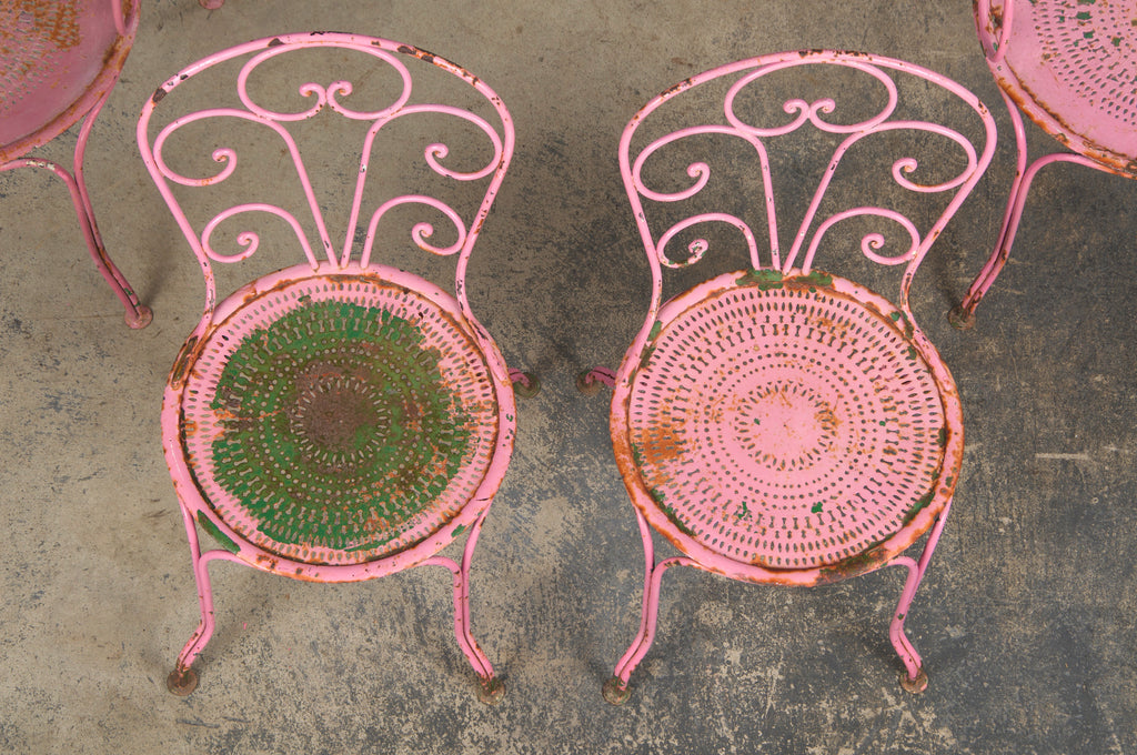 Antique French Art Nouveau Pink Wrought Iron Painted Garden Set