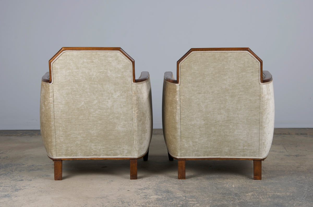 1930s French Art Deco Maple Club Chairs and Loveseat W/ Beige Velvet - Set of 3