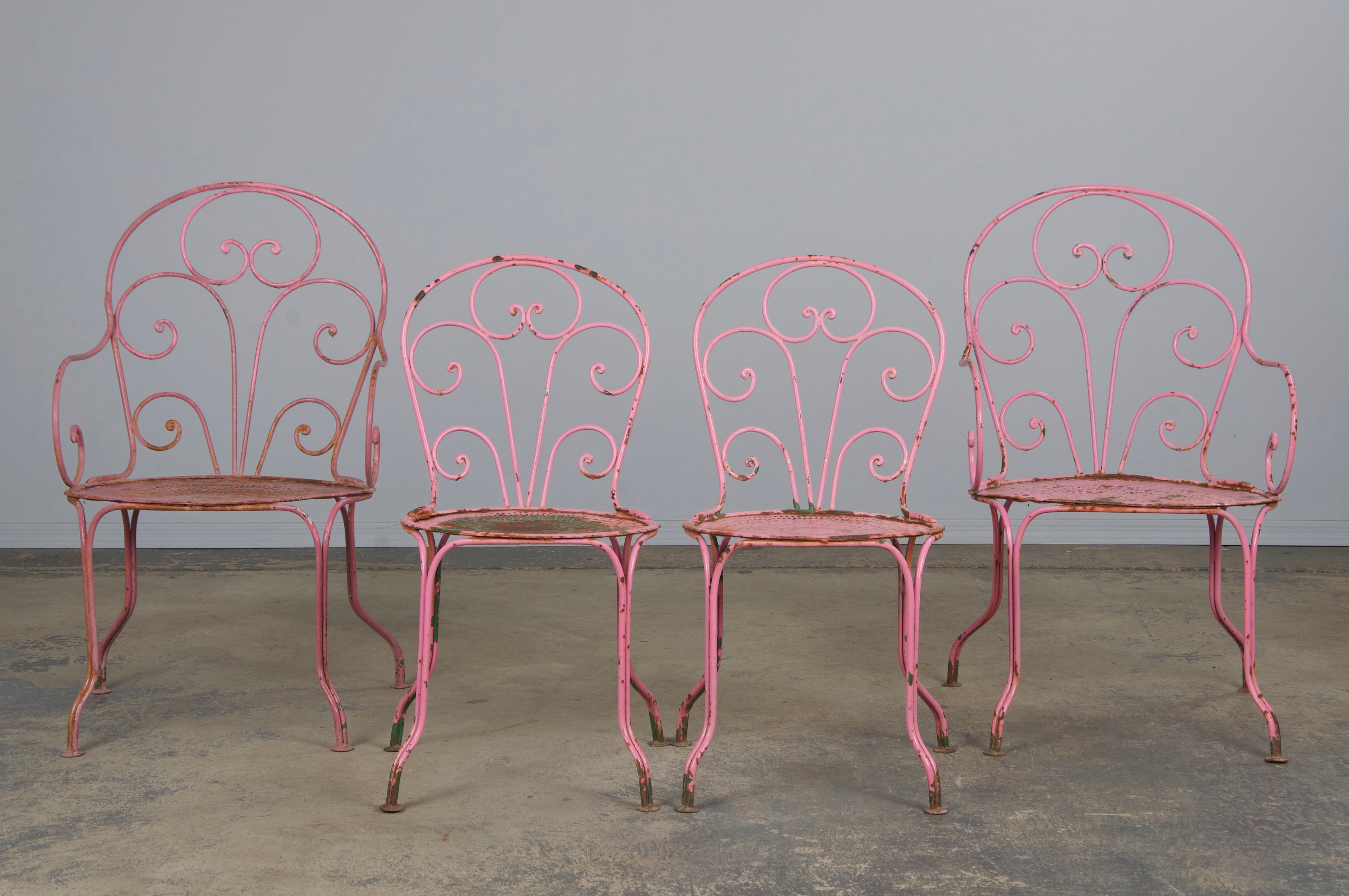 Antique French Art Nouveau Pink Wrought Iron Painted Garden Set