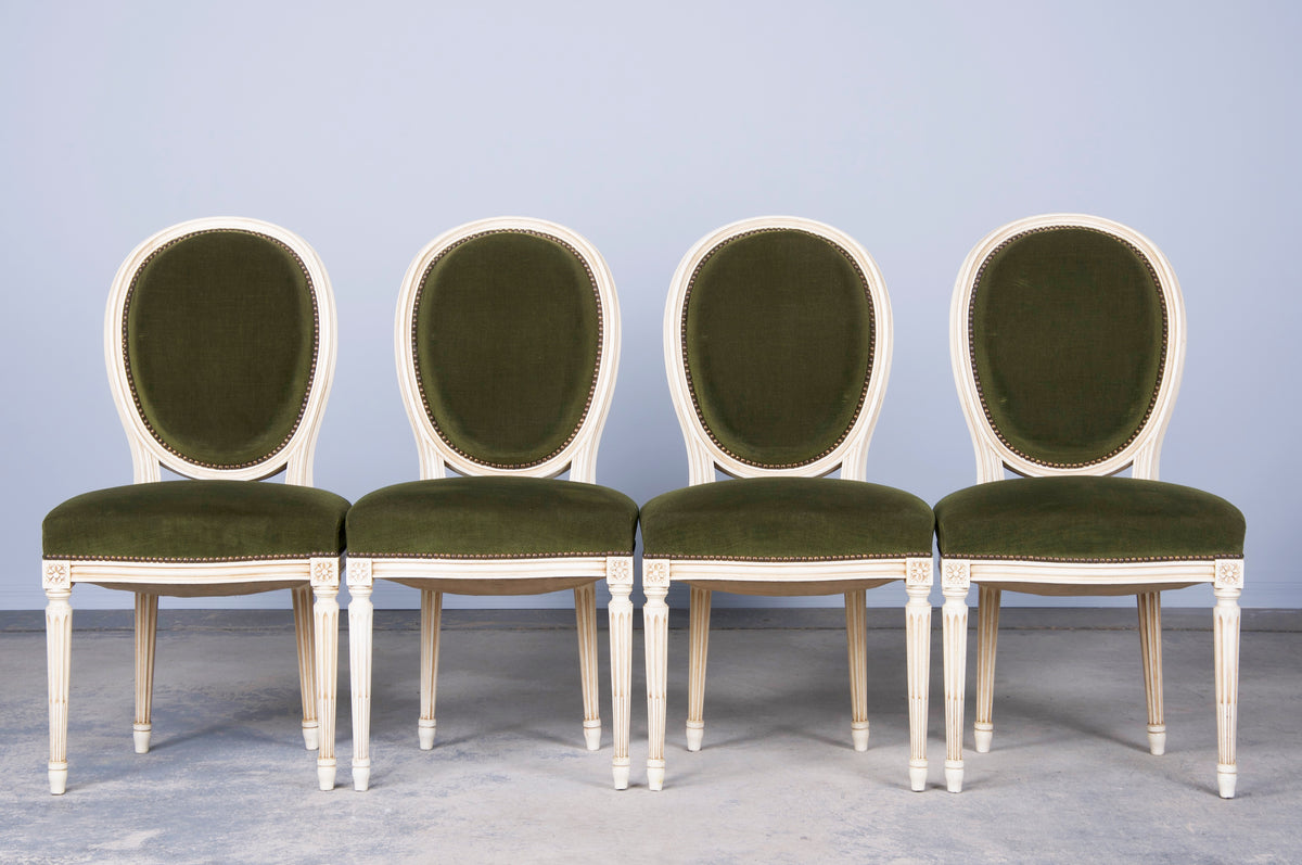 Antique French Louis XVI Style Painted Dining Chairs W/ Green Velvet - Set of 4