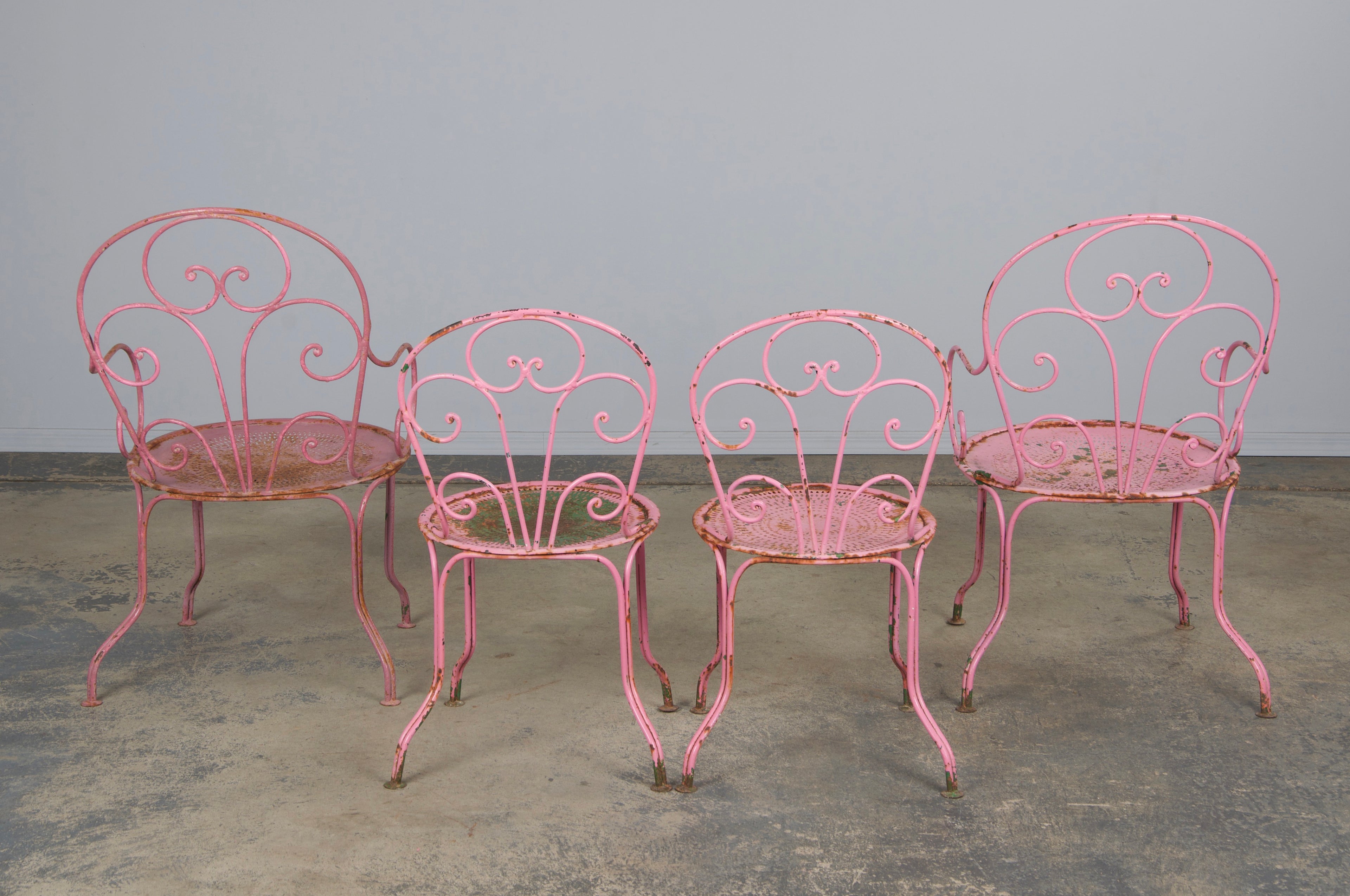 Antique French Art Nouveau Pink Wrought Iron Painted Garden Set