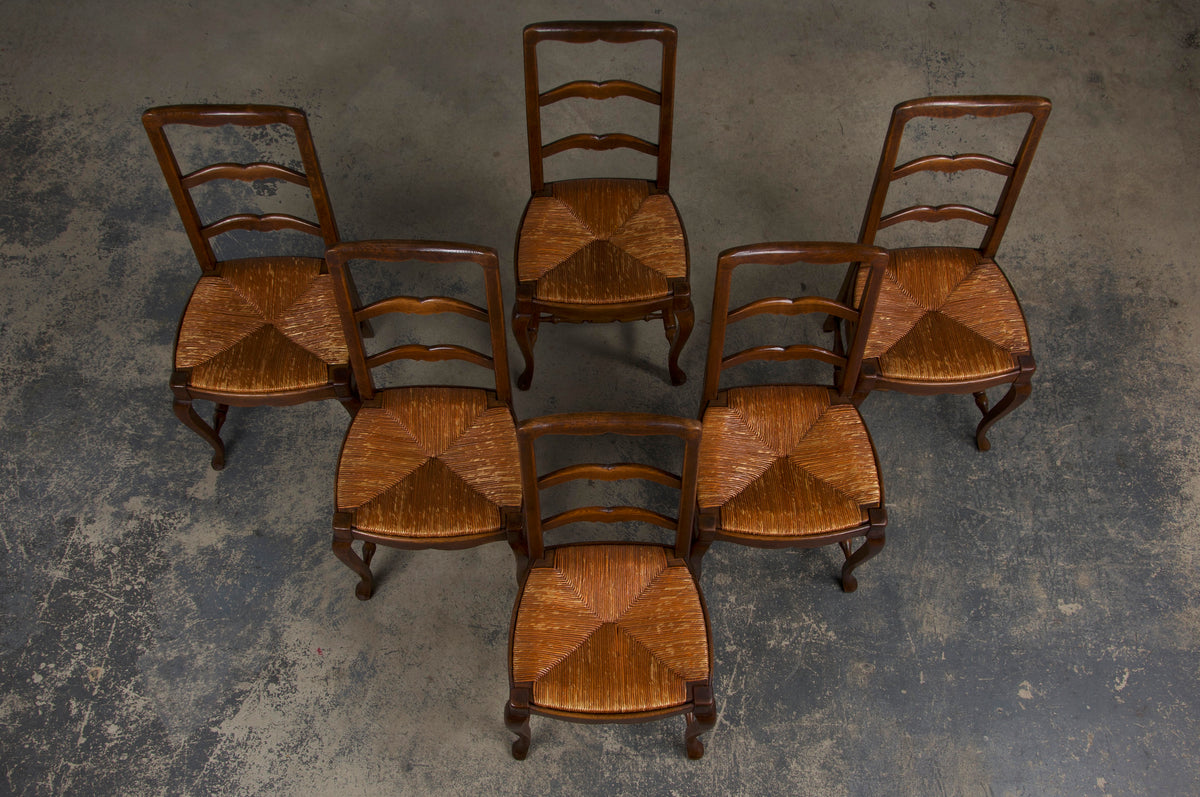 Antique Country French Provincial Ladder Back Oak Dining Chairs W/ Rush Seats - Set of 6