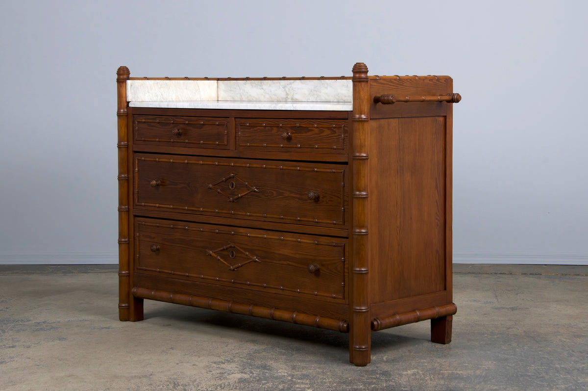 19th Century French Faux Bamboo Chest of Drawers W/ White Marble Top