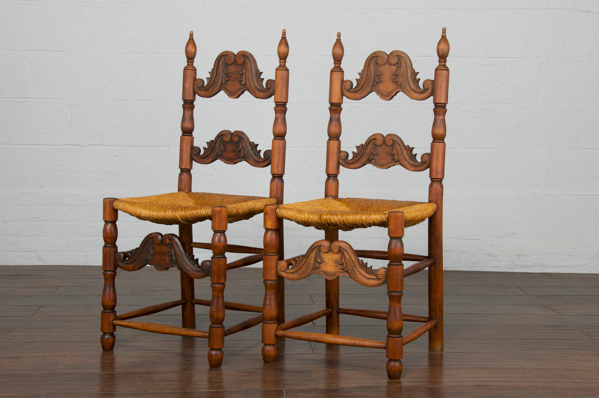 Antique Spanish Country Style Carved Ladder Back Maple Rush Dining Chairs - Set of 6